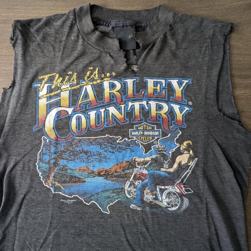 Vintage Harley Davidson 3d Emblem This is Harley Country Cutoff Black Tshirt - Picture 2 of 8
